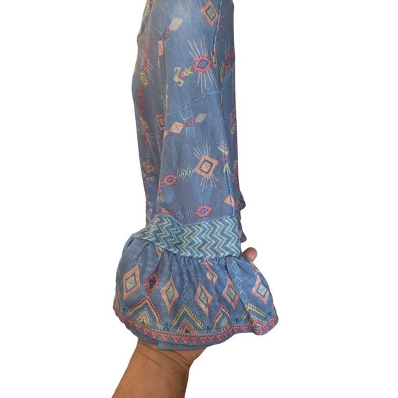 Boho-Chic V-Neck Ruffle Hem Top With Aztec-Inspired Print By Weekend Suzanne Bet - Picture 5 of 8